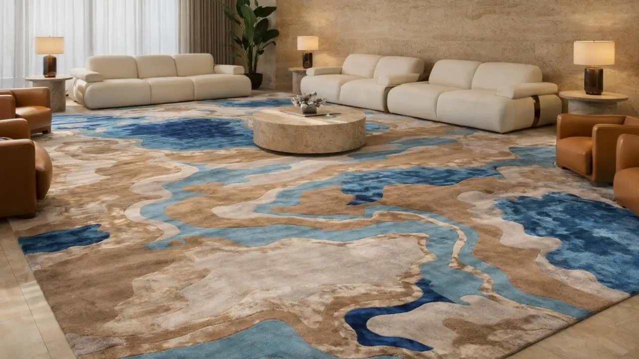 Modern red patterned rug in a contemporary living room