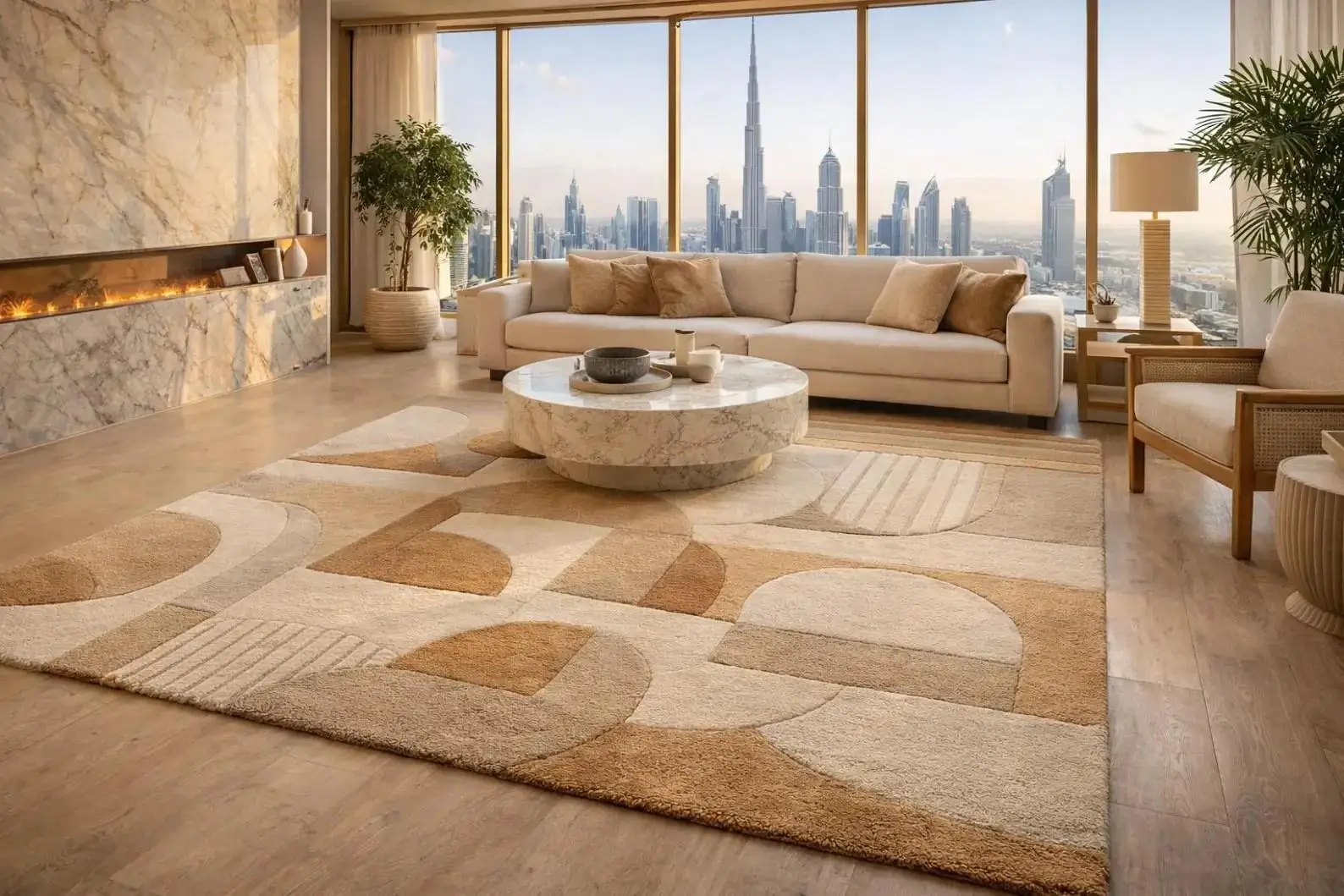 Soft neutral rug in an elegant living room