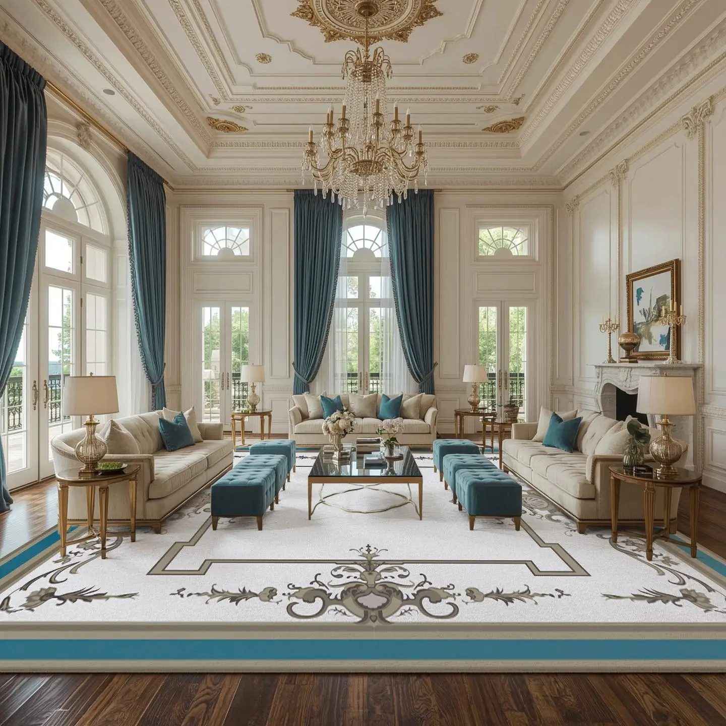 Statement patterned rug as a focal point in a luxury room