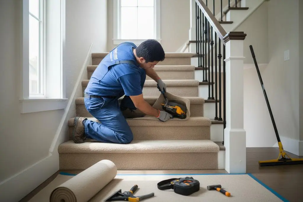 Stair carpet runner being measured during installation Dubai