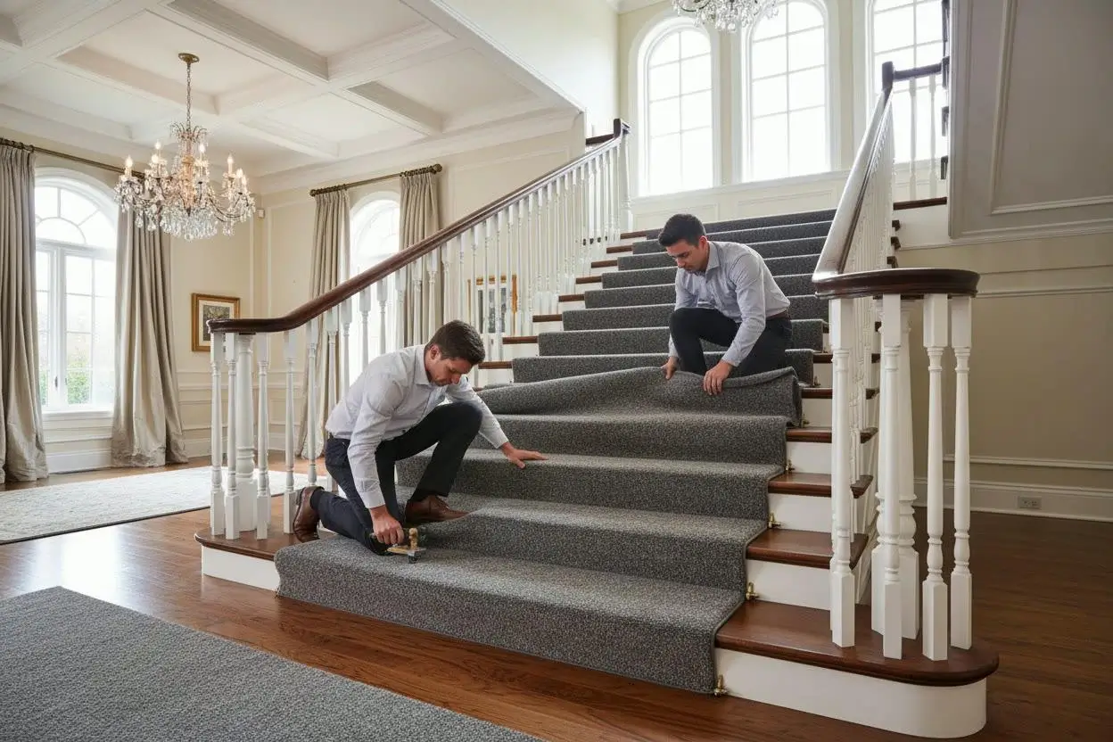 Stair carpet runner being fitted and secured Dubai