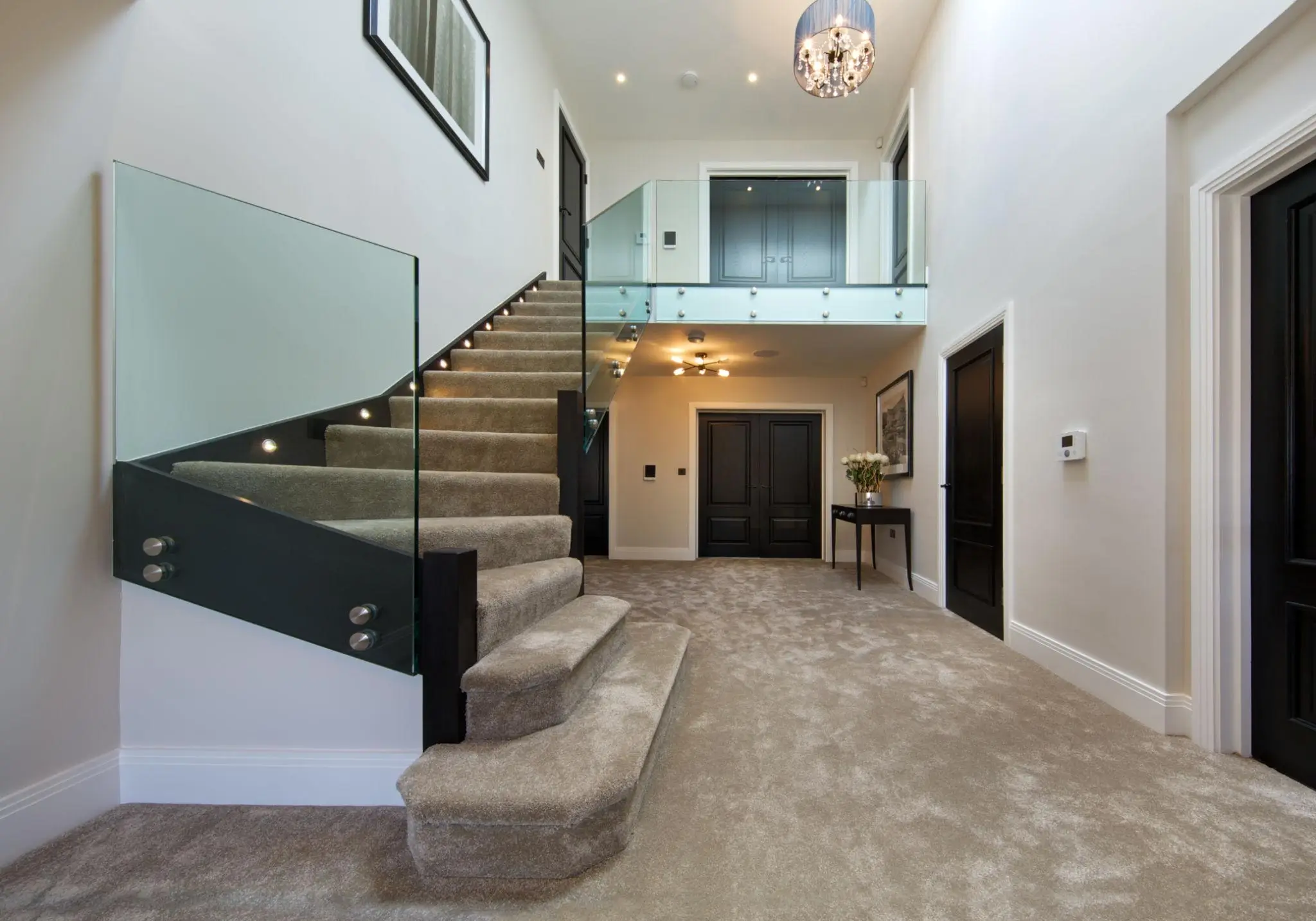 Modern neutral stair carpet runner design Dubai