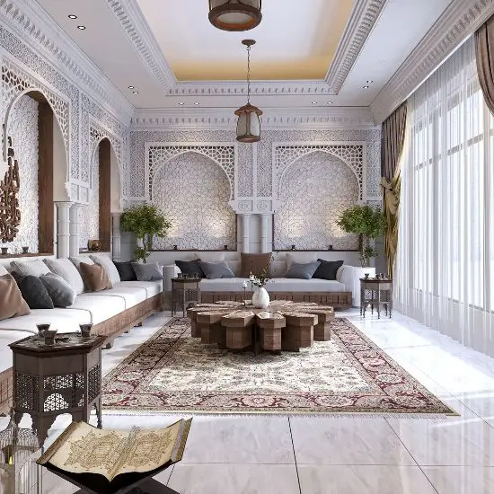 Custom area rug for villa majlis with traditional Arabic pattern