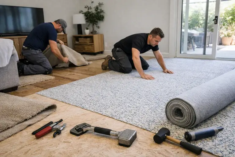 Professional villa carpet installation team working in Dubai villa